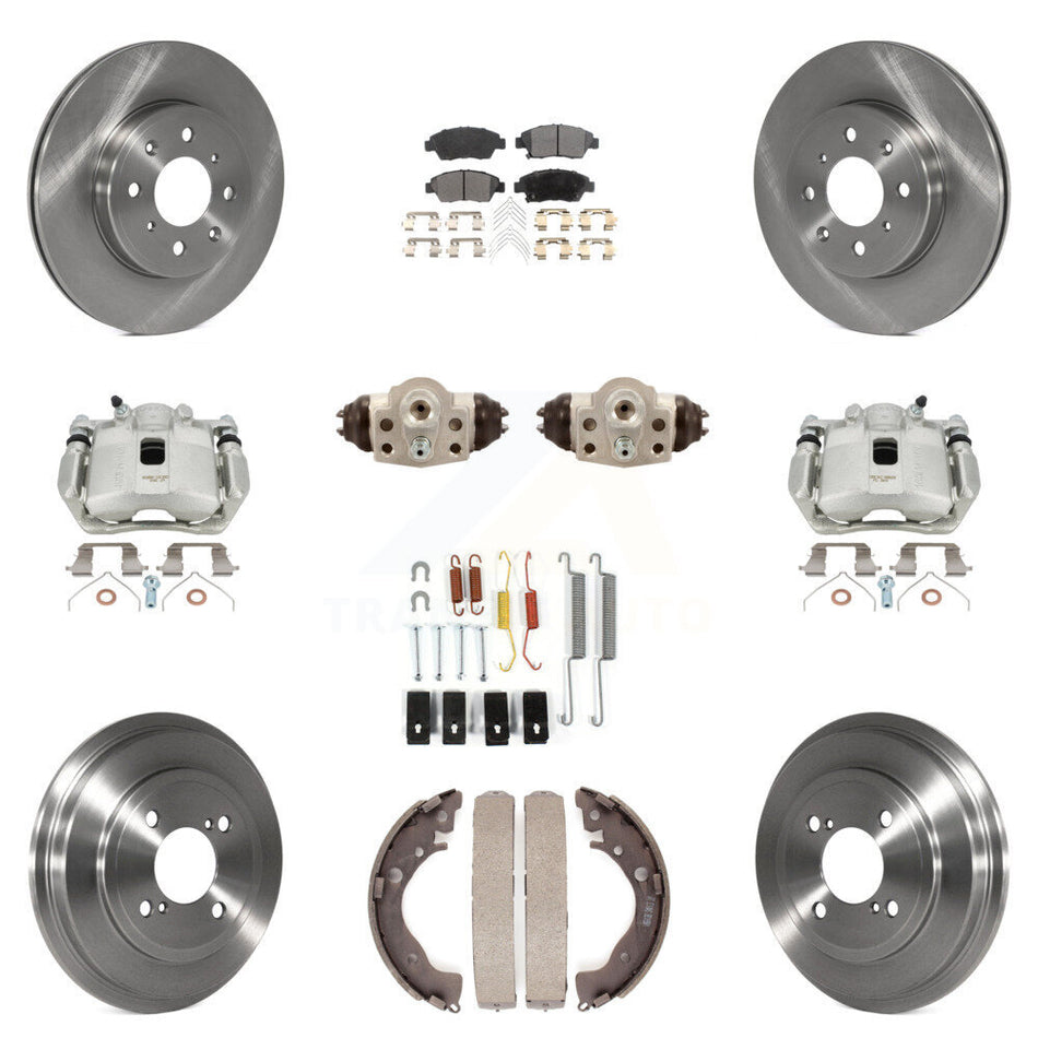 Front Rear Disc Brake Caliper Rotors Drums Semi-Metallic Pads Shoes Wheel Cylinders And Hardware Kit (11Pc) For 2015-2019 Honda Fit KC8-100919P