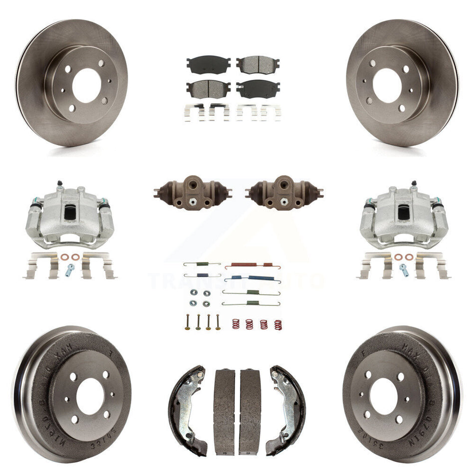 Front Rear Disc Brake Caliper Rotors Drums Semi-Metallic Pads Shoes Wheel Cylinders And Hardware Kit (11Pc) For 2006 Hyundai Accent Hatchback To 09 30 05 KC8-100919S