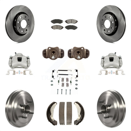 Front Rear Disc Brake Caliper Rotors Drums Semi-Metallic Pads Shoes Wheel Cylinders And Hardware Kit (11Pc) For Chevrolet Aveo Aveo5 Pontiac G3 Wave Wave5 With Hub Assembly KC8-100925S by Transit Auto