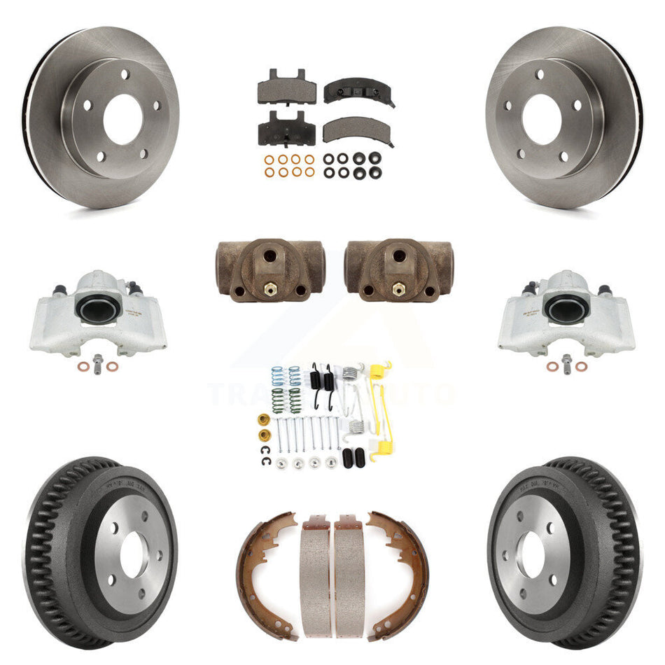 Front Rear Disc Brake Caliper Rotors Drums Ceramic Pads Shoes Wheel Cylinders And Hardware Kit (11Pc) For 1994-1999 Dodge Ram 1500 4WD KC8-100930T