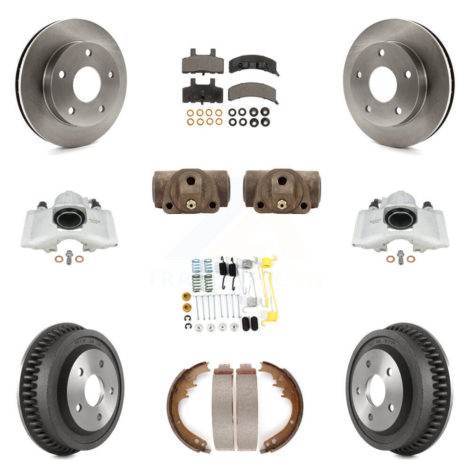 Front Rear Disc Brake Caliper Rotors Drums Ceramic Pads Shoes Wheel Cylinders And Hardware Kit (11Pc) For 1994-1999 Dodge Ram 1500 4WD KC8-100930T