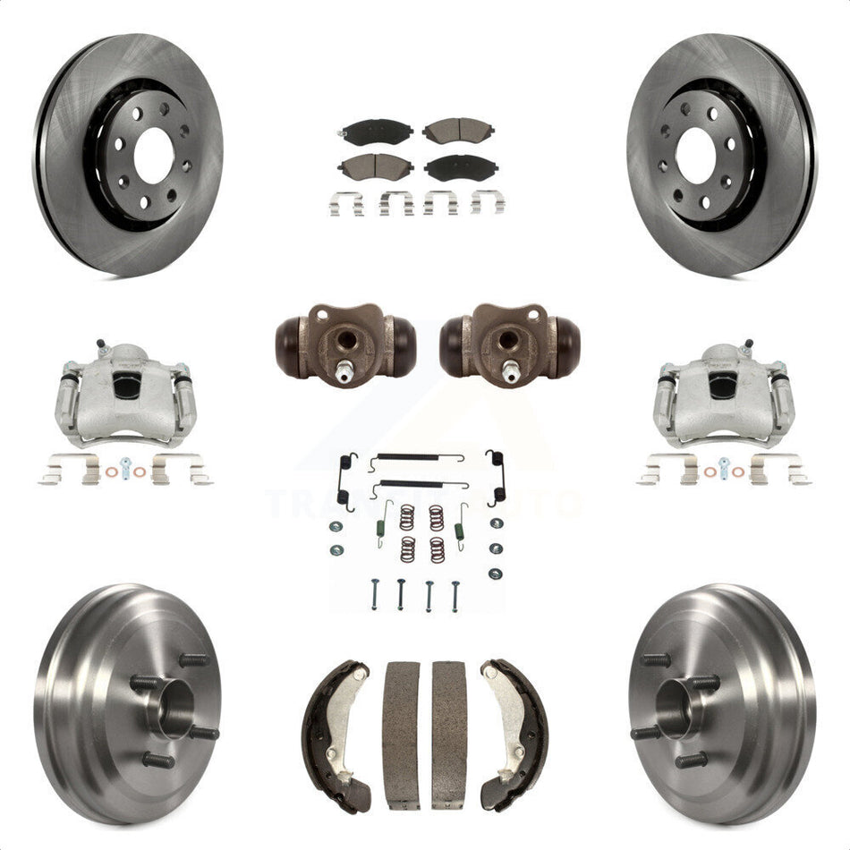 Front Rear Disc Brake Caliper Rotors Drums Ceramic Pads Shoes Wheel Cylinders And Hardware Kit (11Pc) For Chevrolet Aveo Aveo5 Pontiac G3 Wave Wave5 With Hub Assembly KC8-100936C by Transit Auto