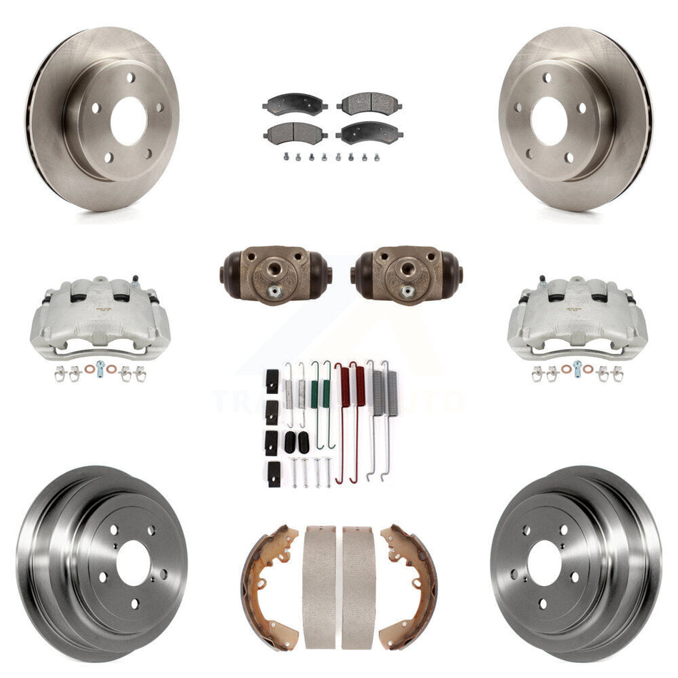 Front Rear Disc Brake Caliper Rotors Drums Semi-Metallic Pads Shoes Wheel Cylinders And Hardware Kit (11Pc) For Dodge Dakota Mitsubishi Raider KC8-100947P