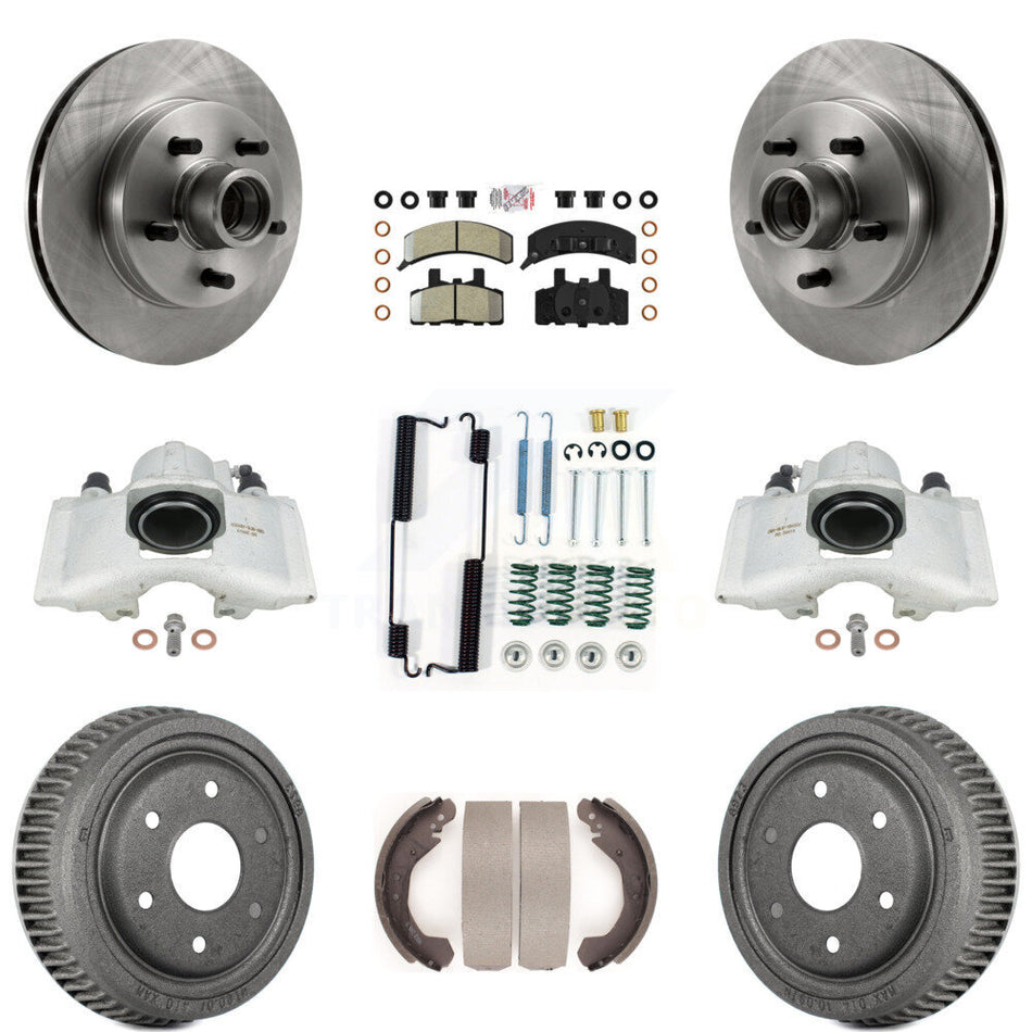 Front Rear Disc Brake Caliper Rotors Drums Semi-Metallic Pads Shoes And Hardware Kit (9Pc) For GMC Yukon With 10" Diameter Drum KC8-101405N