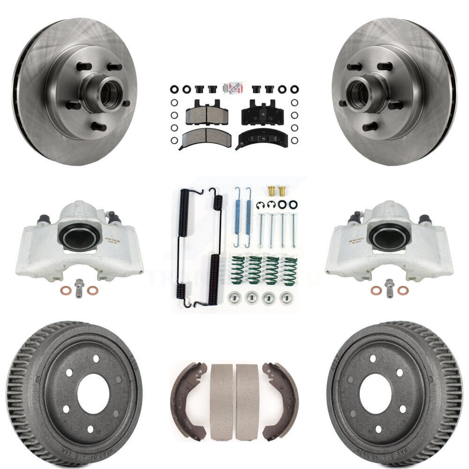 Front Rear Disc Brake Caliper Rotors Drums Semi-Metallic Pads Shoes And Hardware Kit (9Pc) For GMC Yukon With 10" Diameter Drum KC8-101406N