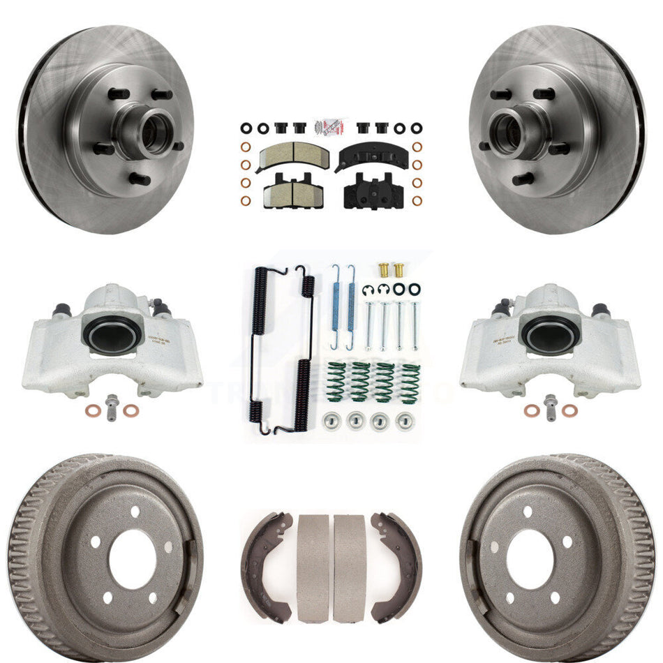 Front Rear Disc Brake Caliper Rotors Drums Semi-Metallic Pads Shoes And Hardware Kit (9Pc) For GMC Yukon With 10" Diameter Drum KC8-101407N