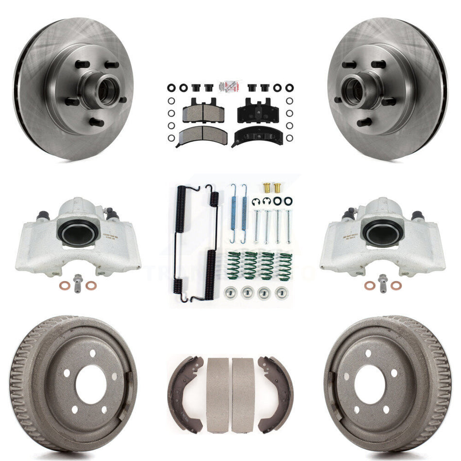 Front Rear Disc Brake Caliper Rotors Drums Semi-Metallic Pads Shoes And Hardware Kit (9Pc) For GMC Yukon With 10" Diameter Drum KC8-101408N