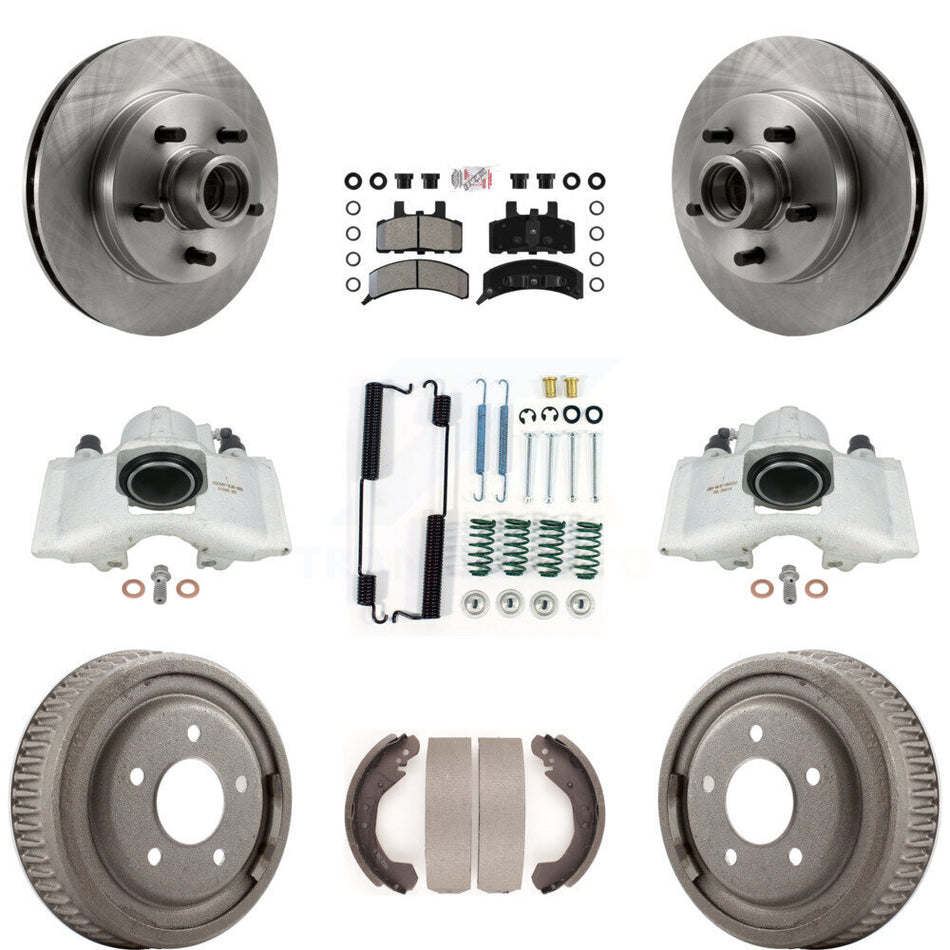 Front Rear Disc Brake Caliper Rotors Drums Semi-Metallic Pads Shoes And Hardware Kit (9Pc) For GMC Yukon With 10" Diameter Drum KC8-101408N