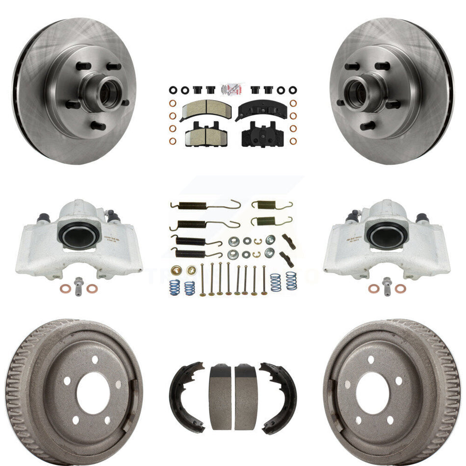 Front Rear Disc Brake Caliper Rotors Drums Semi-Metallic Pads Shoes And Hardware Kit (9Pc) For 1995-1997 GMC Yukon RWD with GAS engine With 11" Diameter Drum KC8-101409N