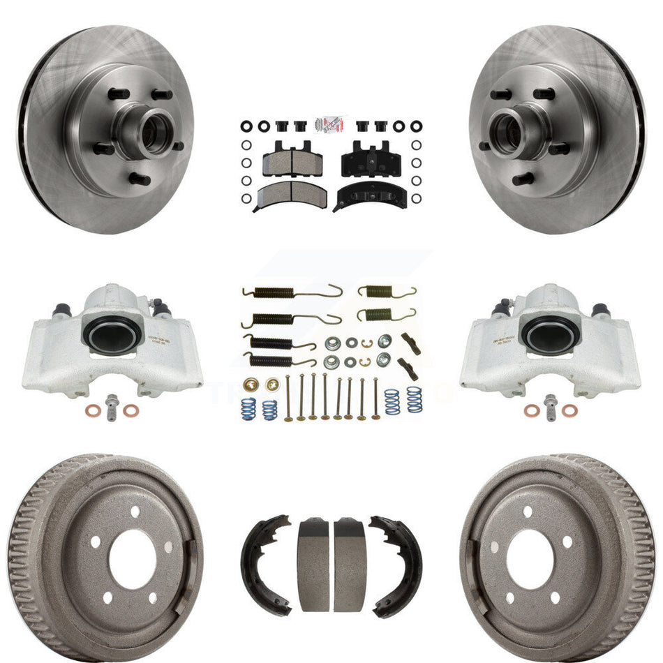 Front Rear Disc Brake Caliper Rotors Drums Semi-Metallic Pads Shoes And Hardware Kit (9Pc) For 1995-1997 GMC Yukon RWD with GAS engine With 11" Diameter Drum KC8-101410N