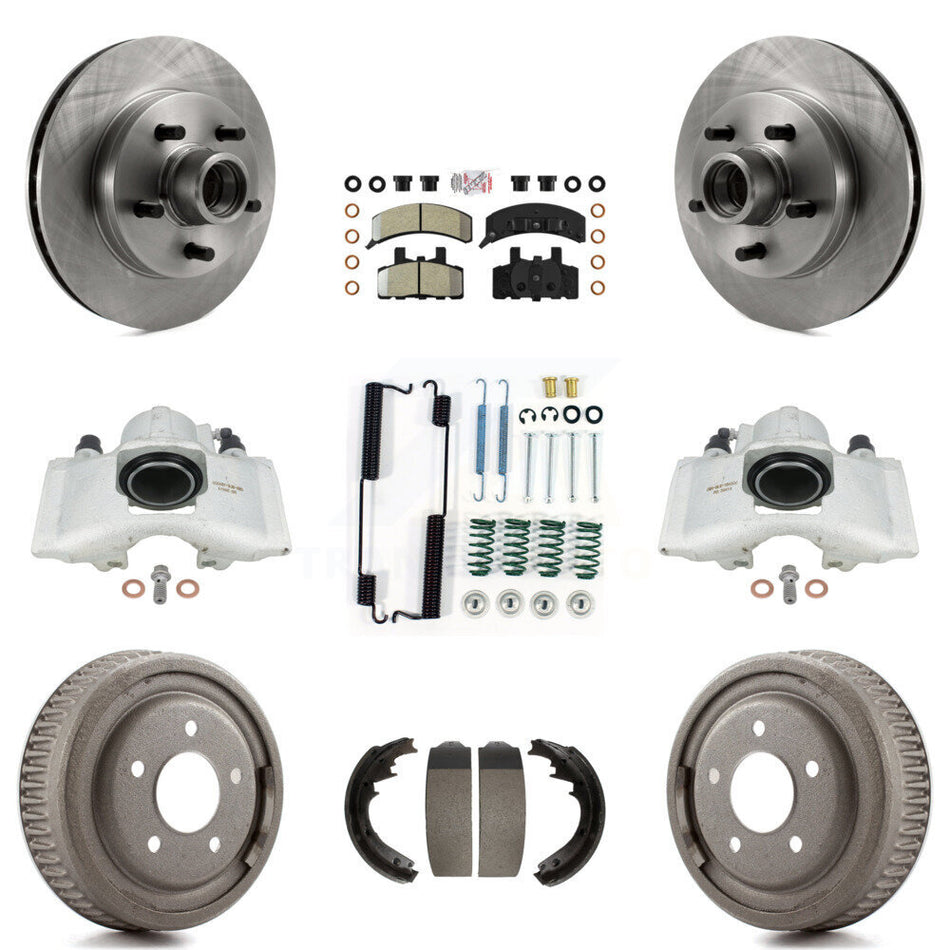 Front Rear Disc Brake Caliper Rotors Drums Semi-Metallic Pads Shoes And Hardware Kit (9Pc) For 1997-1998 Chevrolet C1500 Suburban GAS engine With 10" Diameter Drum KC8-101417N