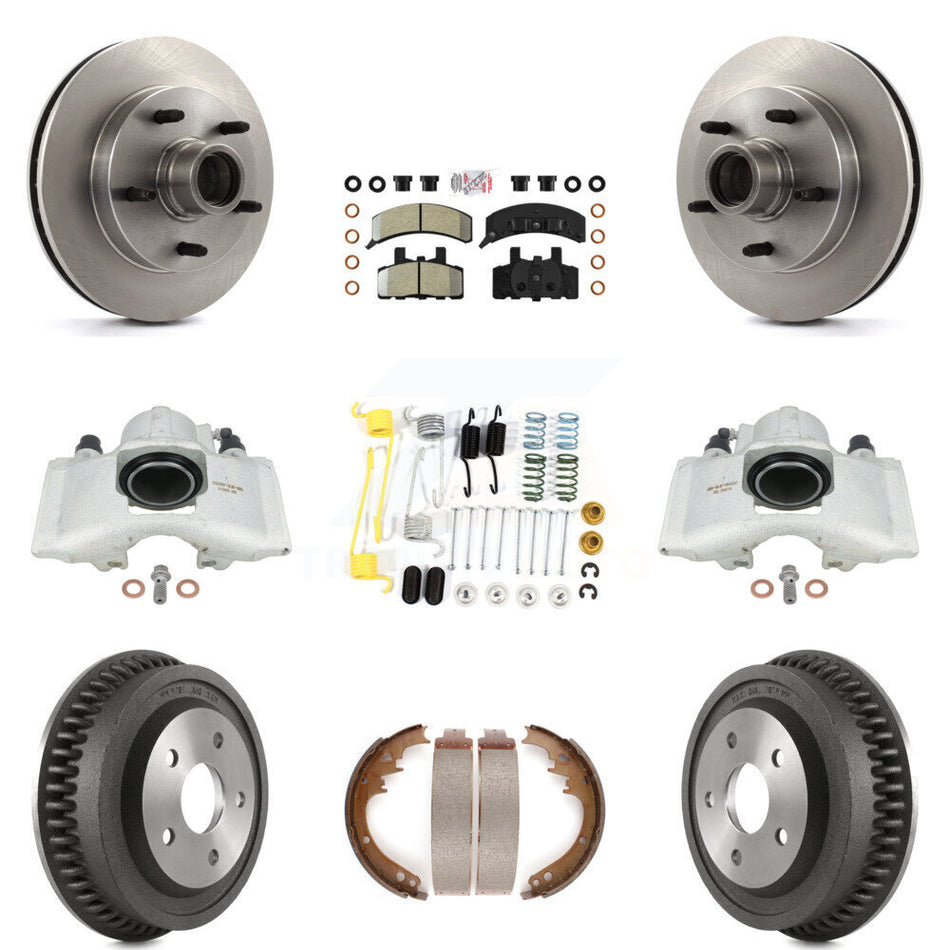 Front Rear Disc Brake Caliper Rotors Drums Semi-Metallic Pads Shoes And Hardware Kit (9Pc) For 1994-1999 Dodge Ram 1500 RWD KC8-101423N