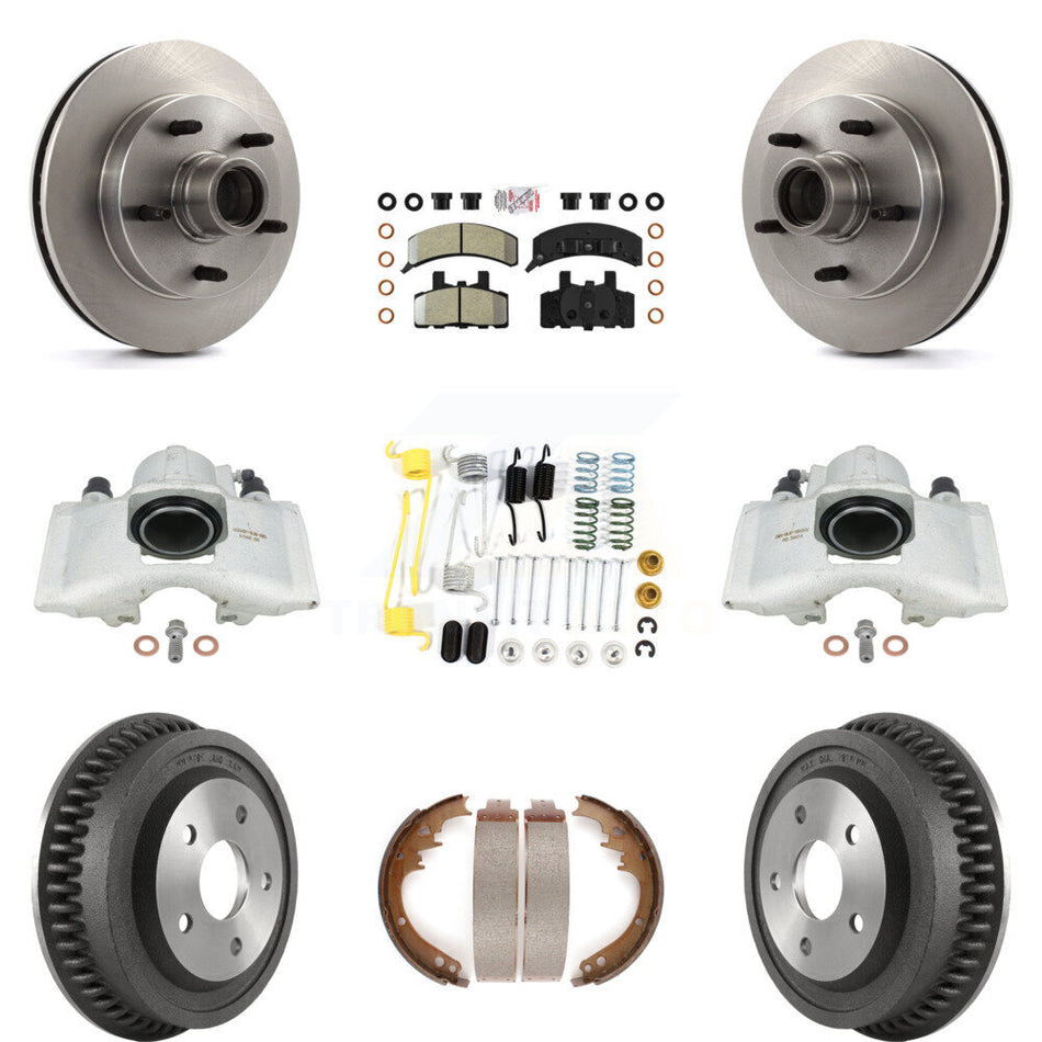 Front Rear Disc Brake Caliper Rotors Drums Semi-Metallic Pads Shoes And Hardware Kit (9Pc) For 1994-1999 Dodge Ram 1500 RWD KC8-101423N