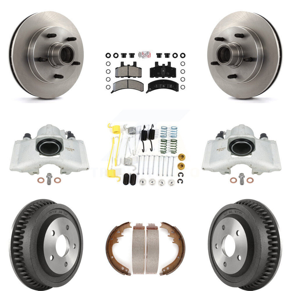 Front Rear Disc Brake Caliper Rotors Drums Semi-Metallic Pads Shoes And Hardware Kit (9Pc) For 1994-1999 Dodge Ram 1500 RWD KC8-101424N