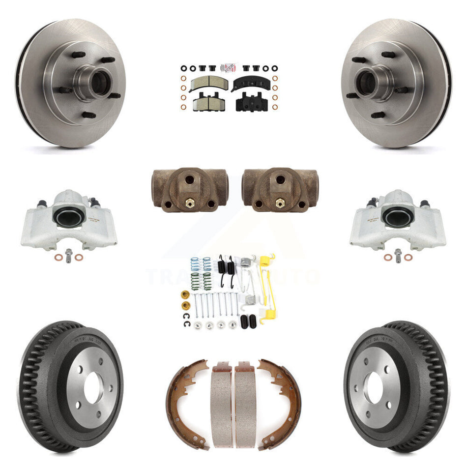 Front Rear Disc Brake Caliper Rotors Drums Semi-Metallic Pads Shoes Wheel Cylinders And Hardware Kit (11Pc) For 1994-1999 Dodge Ram 1500 RWD KC8-101429N