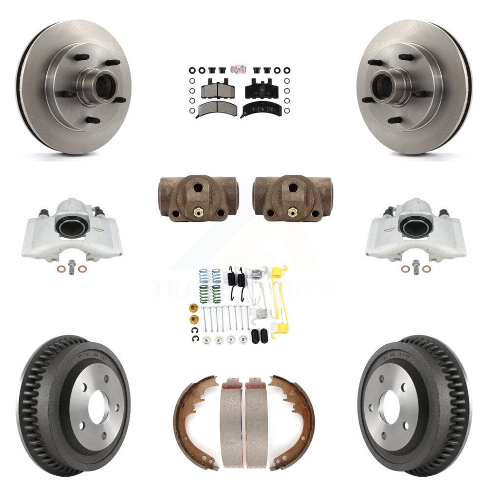 Front Rear Disc Brake Caliper Rotors Drums Semi-Metallic Pads Shoes Wheel Cylinders And Hardware Kit (11Pc) For 1994-1999 Dodge Ram 1500 RWD KC8-101430N