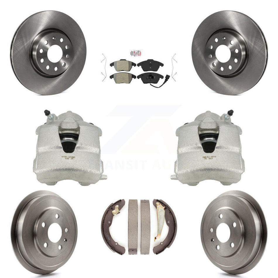 Front Rear Disc Brake Caliper Rotors Drums Semi-Metallic Pads Kit (8Pc) For Volkswagen Jetta With 312mm Diameter Rotor KC8-101447N