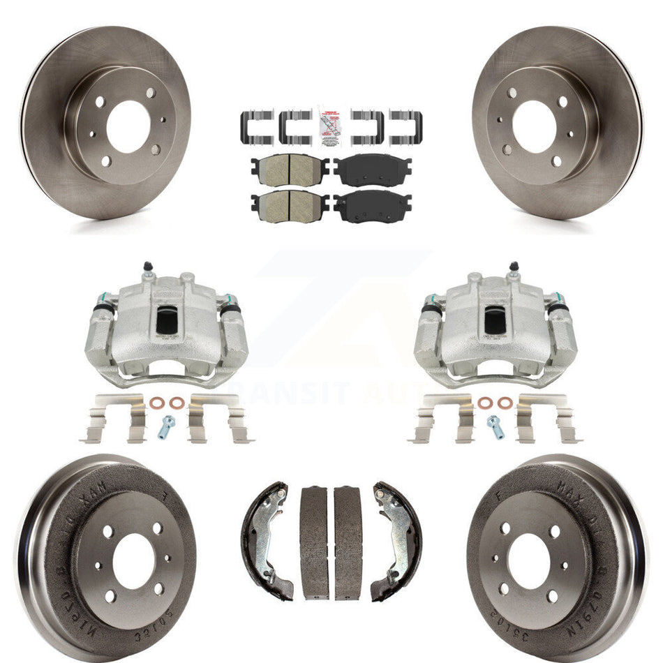 Front Rear Disc Brake Caliper Rotors Drums Semi-Metallic Pads Kit (8Pc) For 2006 Hyundai Accent Hatchback To 09 30 05 KC8-101504N