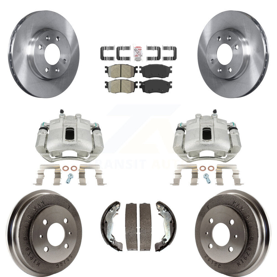 Front Rear Disc Brake Caliper Rotors Drums Semi-Metallic Pads Kit (8Pc) For 2006 Hyundai Accent Sedan To 09 30 05 KC8-101505N