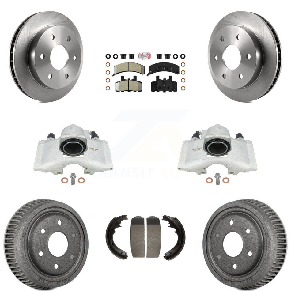 Front Rear Disc Brake Caliper Rotors Drums Semi-Metallic Pads Kit (8Pc) For 1995-1997 GMC Yukon 2 doors with 4WD GAS engine With 11" Diameter Drum KC8-101558N by Transit Auto