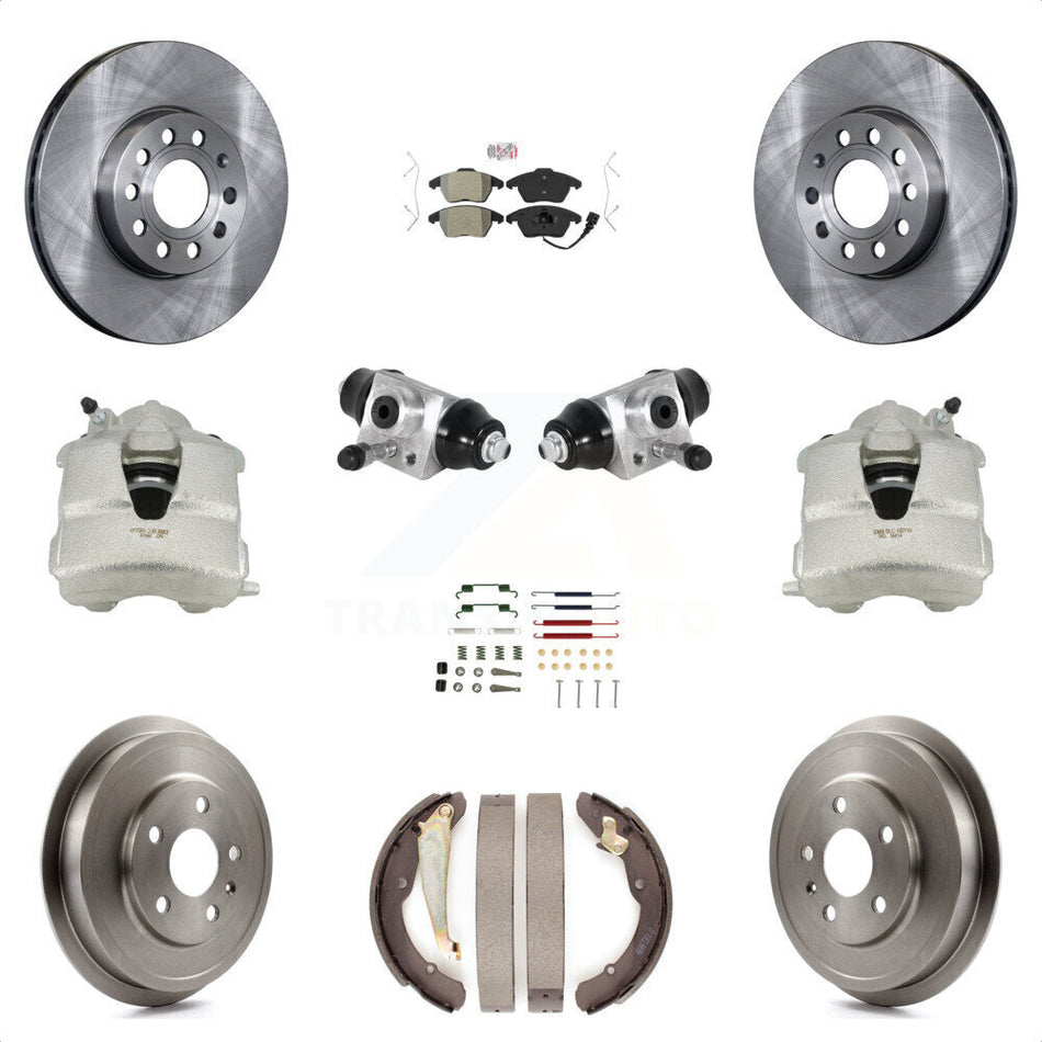 Front Rear Disc Brake Caliper Rotors Drums Semi-Metallic Pads Shoes Wheel Cylinders And Hardware Kit (11Pc) For Volkswagen Jetta With 288mm Diameter Rotor KC8-101615N by Transit Auto