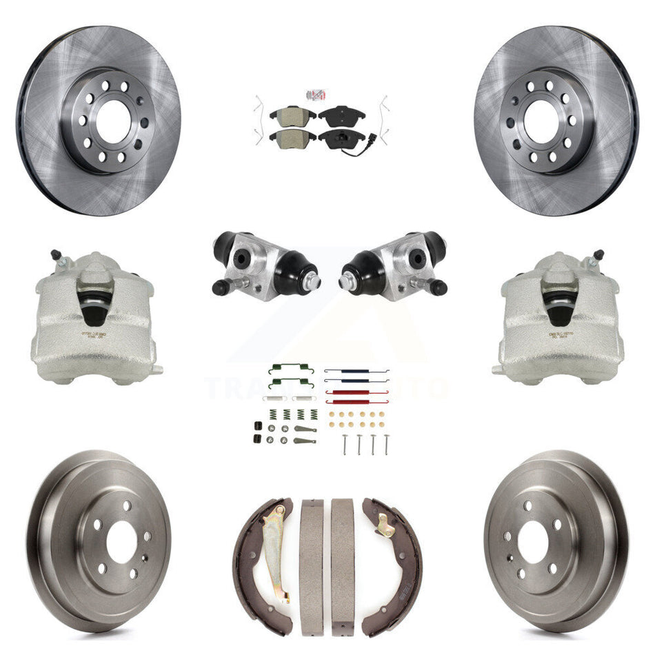 Front Rear Disc Brake Caliper Rotors Drums Semi-Metallic Pads Shoes Wheel Cylinders And Hardware Kit (11Pc) For Volkswagen Jetta With 288mm Diameter Rotor KC8-101615N