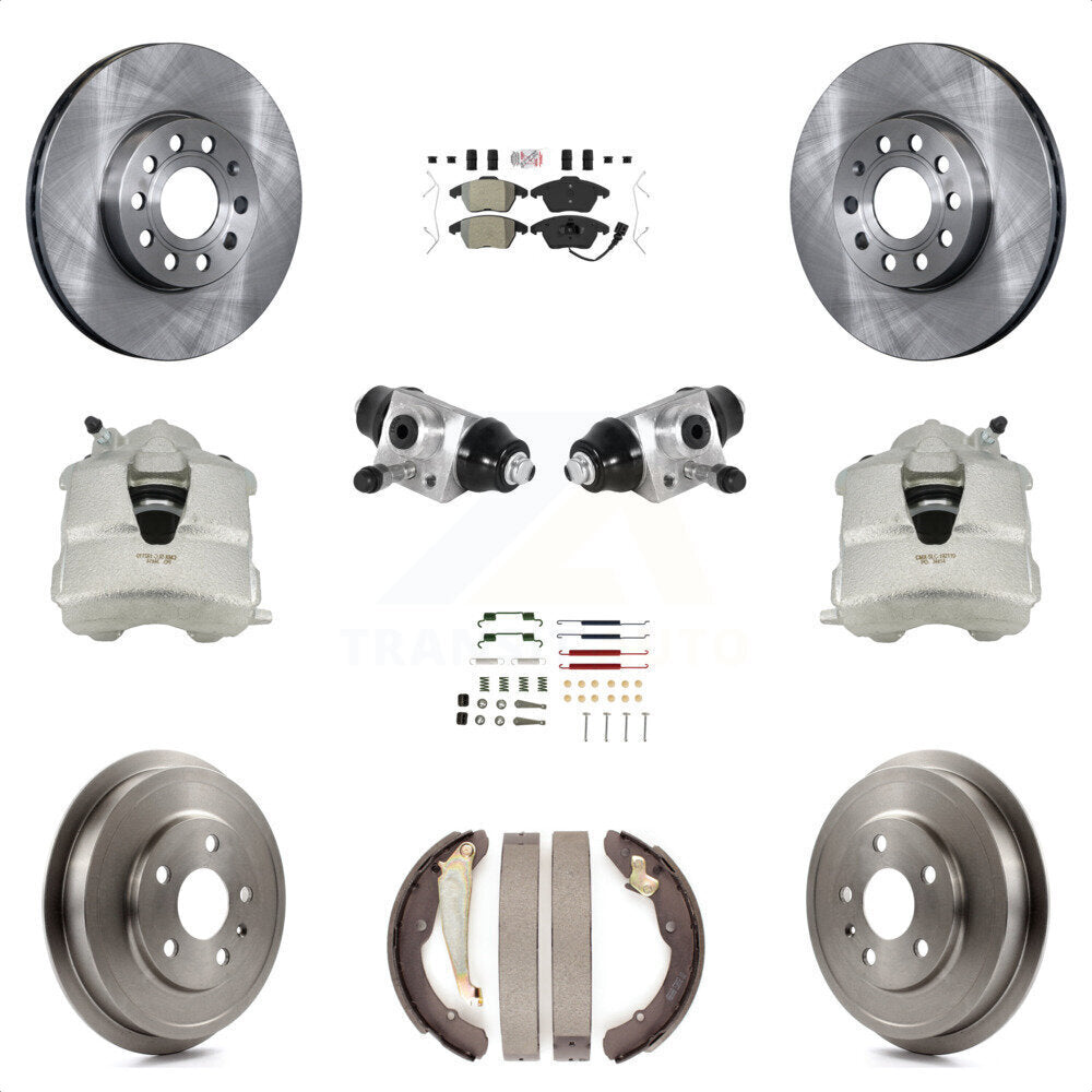 Front Rear Disc Brake Caliper Rotors Drums Semi-Metallic Pads Shoes Wheel Cylinders And Hardware Kit (11Pc) For Volkswagen Jetta With 288mm Diameter Rotor KC8-101616N by Transit Auto