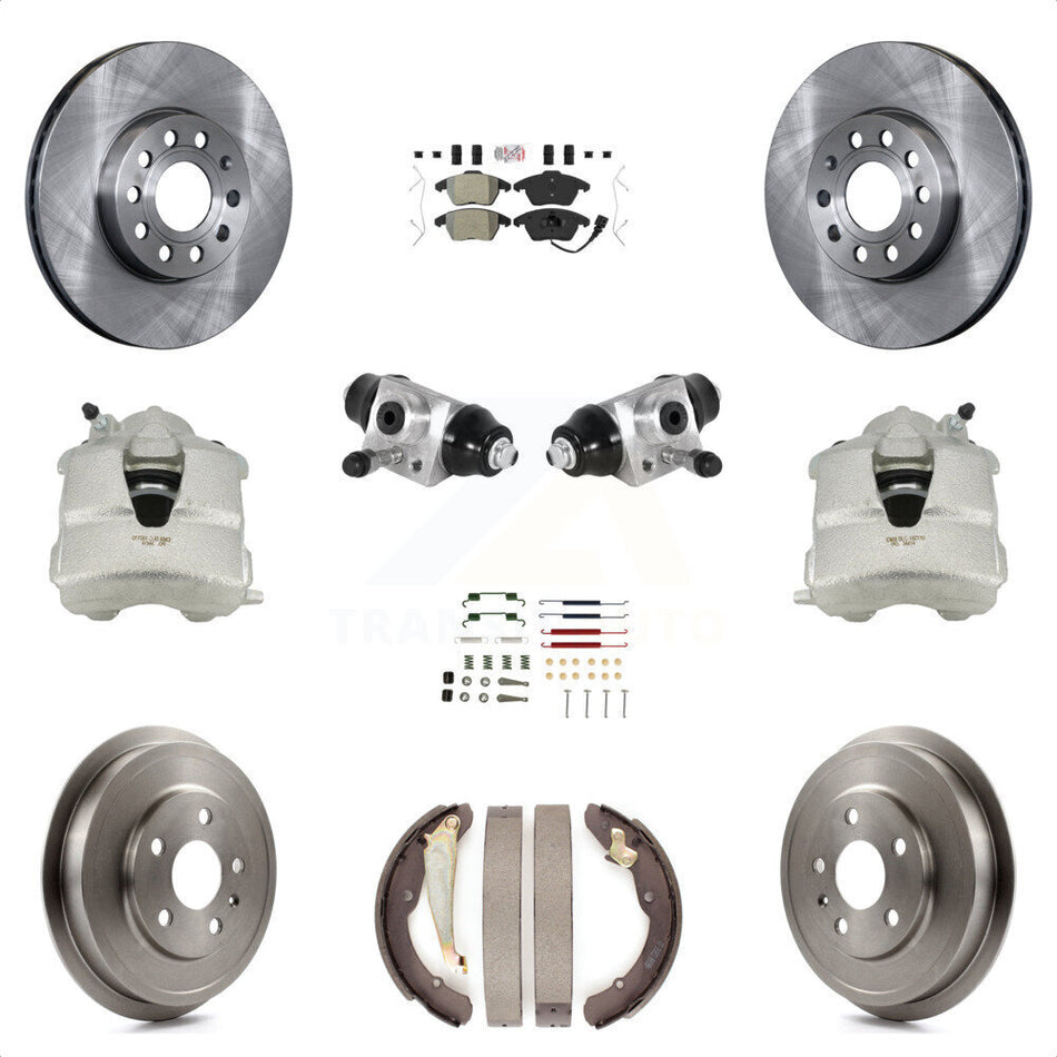 Front Rear Disc Brake Caliper Rotors Drums Semi-Metallic Pads Shoes Wheel Cylinders And Hardware Kit (11Pc) For Volkswagen Jetta With 288mm Diameter Rotor KC8-101616N by Transit Auto