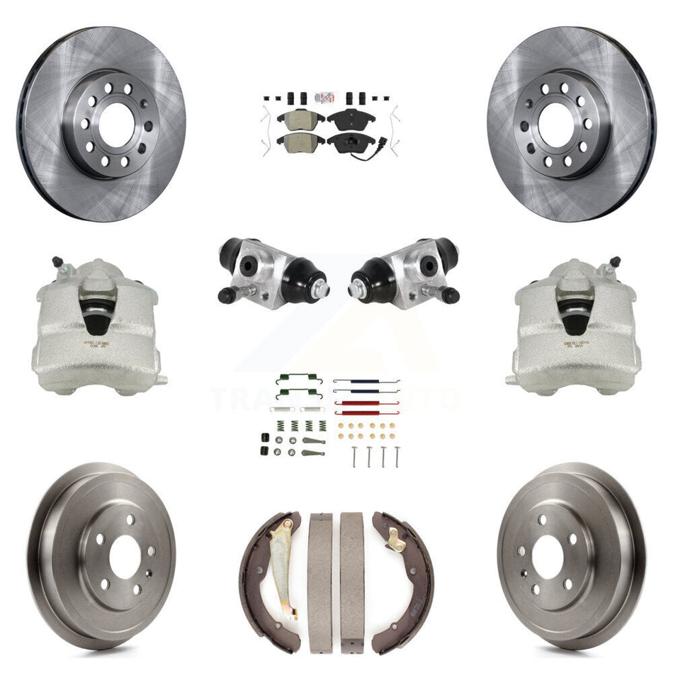 Front Rear Disc Brake Caliper Rotors Drums Semi-Metallic Pads Shoes Wheel Cylinders And Hardware Kit (11Pc) For Volkswagen Jetta With 288mm Diameter Rotor KC8-101616N