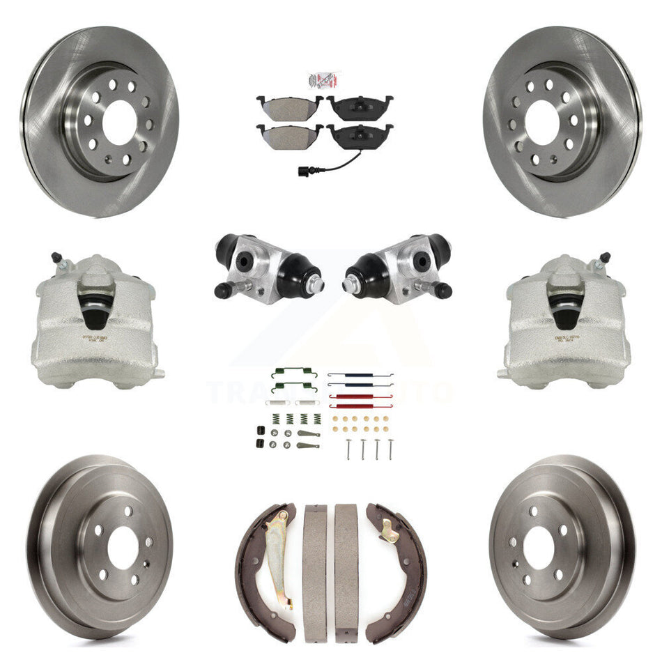 Front Rear Disc Brake Caliper Rotors Drums Semi-Metallic Pads Shoes Wheel Cylinders And Hardware Kit (11Pc) For Volkswagen Jetta With 280mm Diameter Rotor KC8-101619N