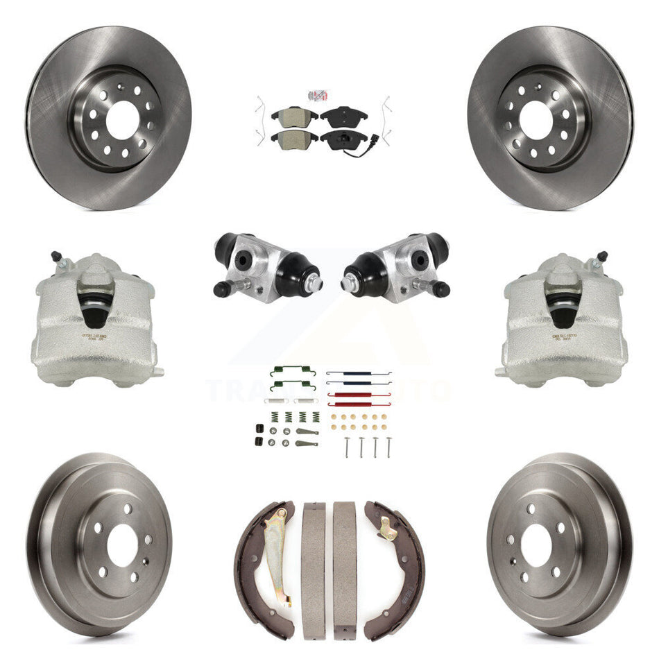 Front Rear Disc Brake Caliper Rotors Drums Semi-Metallic Pads Shoes Wheel Cylinders And Hardware Kit (11Pc) For Volkswagen Jetta With 312mm Diameter Rotor KC8-101621N