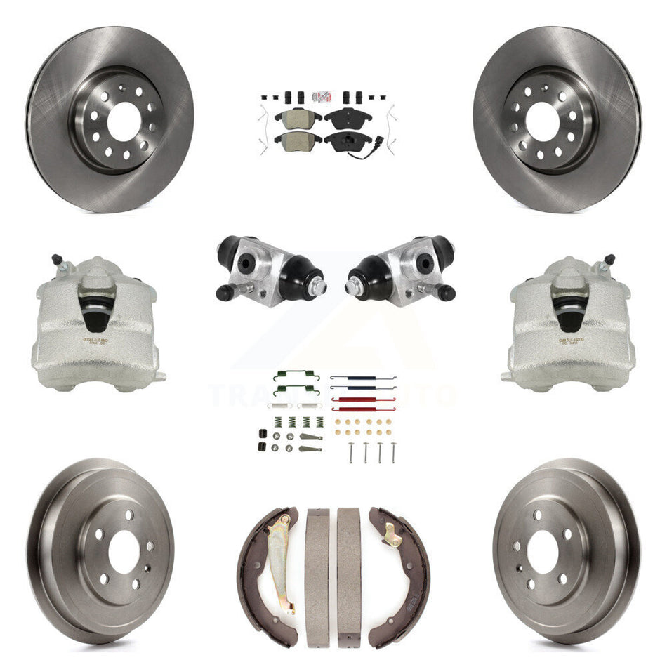 Front Rear Disc Brake Caliper Rotors Drums Semi-Metallic Pads Shoes Wheel Cylinders And Hardware Kit (11Pc) For Volkswagen Jetta With 312mm Diameter Rotor KC8-101622N