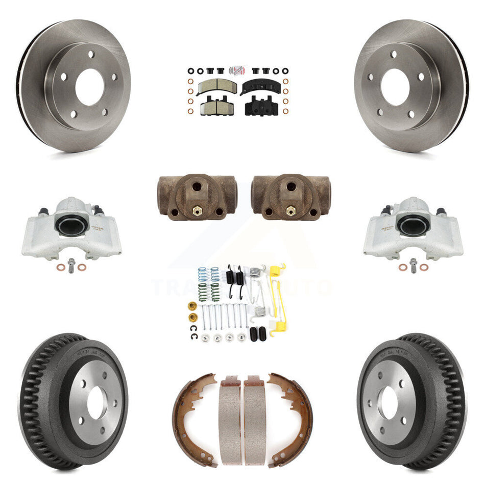 Front Rear Disc Brake Caliper Rotors Drums Semi-Metallic Pads Shoes Wheel Cylinders And Hardware Kit (11Pc) For 1994-1999 Dodge Ram 1500 4WD KC8-101721N