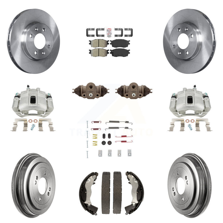 Front Rear Disc Brake Caliper Rotors Drums Semi-Metallic Pads Shoes Wheel Cylinders And Hardware Kit (11Pc) For Hyundai Accent Kia Rio Rio5 KC8-101729N