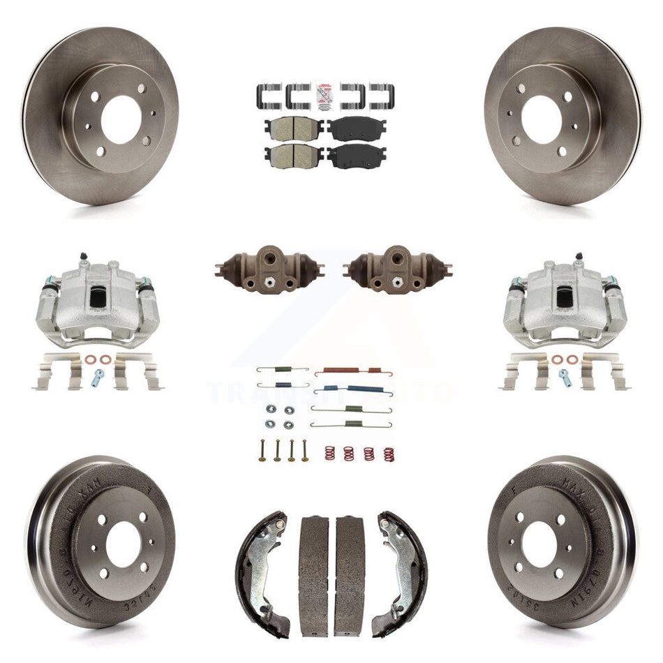 Front Rear Disc Brake Caliper Rotors Drums Semi-Metallic Pads Shoes Wheel Cylinders And Hardware Kit (11Pc) For 2006 Hyundai Accent Hatchback To 09 30 05 KC8-101730N