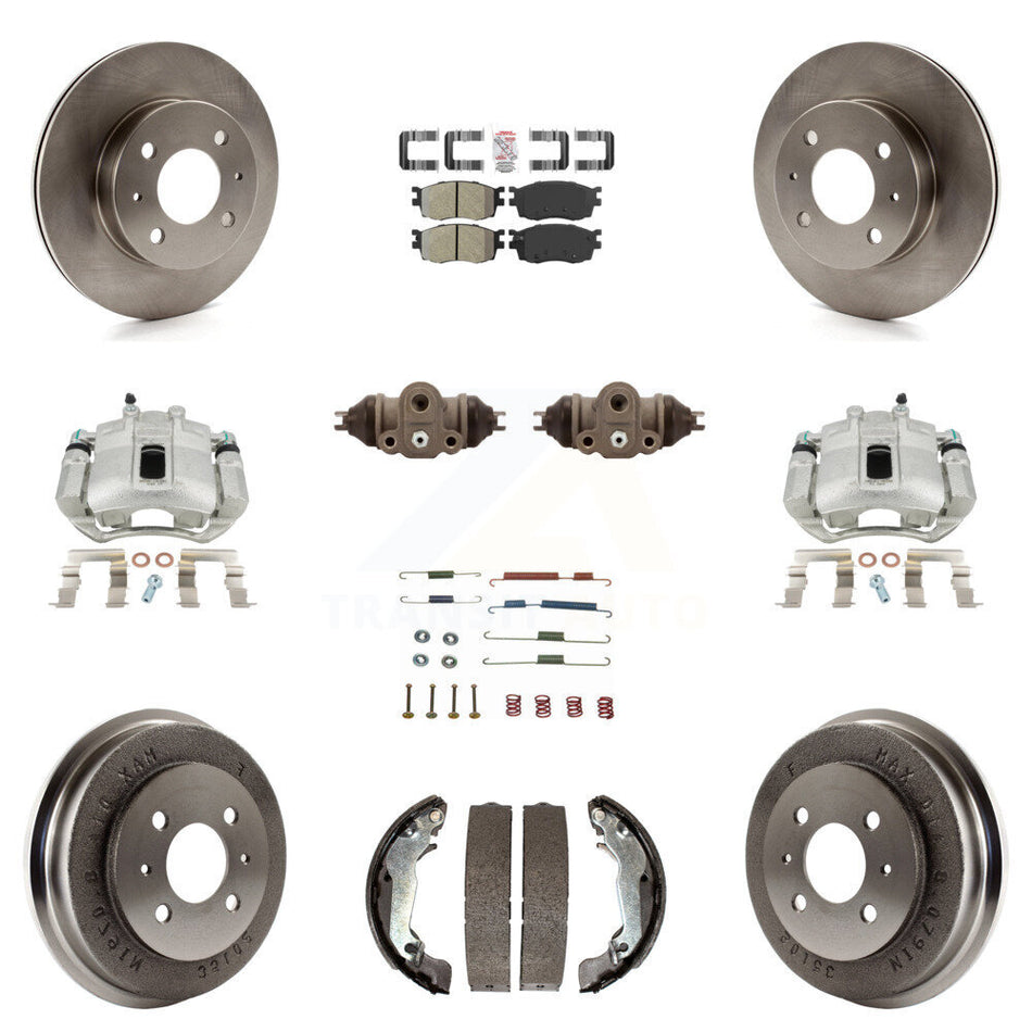 Front Rear Disc Brake Caliper Rotors Drums Semi-Metallic Pads Shoes Wheel Cylinders And Hardware Kit (11Pc) For 2006 Hyundai Accent Hatchback To 09 30 05 KC8-101730N