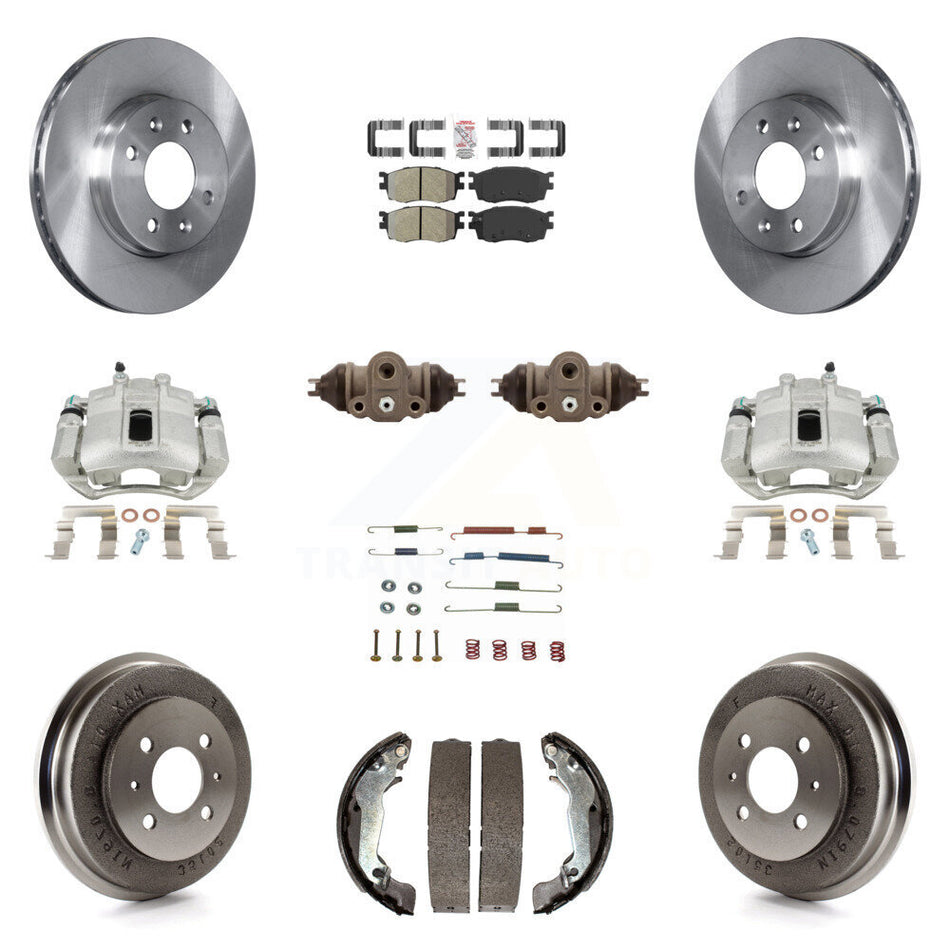 Front Rear Disc Brake Caliper Rotors Drums Semi-Metallic Pads Shoes Wheel Cylinders And Hardware Kit (11Pc) For 2006 Hyundai Accent Sedan To 09 30 05 KC8-101731N