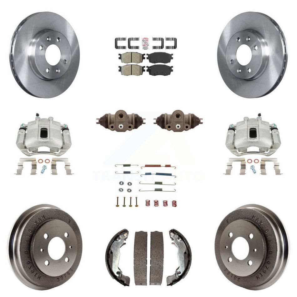 Front Rear Disc Brake Caliper Rotors Drums Semi-Metallic Pads Shoes Wheel Cylinders And Hardware Kit (11Pc) For 2006 Hyundai Accent Sedan To 09 30 05 KC8-101731N