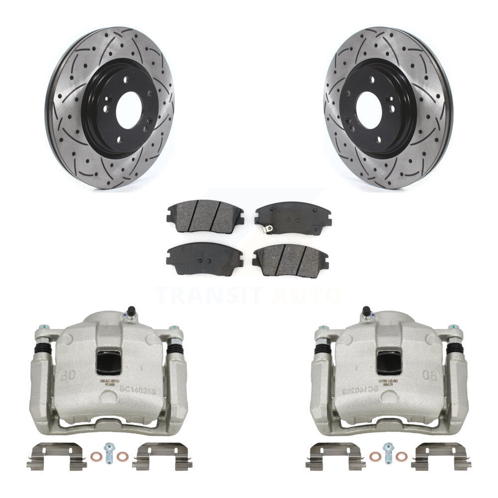 Front Brake Coated Caliper Drill Slot Rotor Semi-Metallic Pad Kit For Hyundai Tucson Kia KCD-100002S