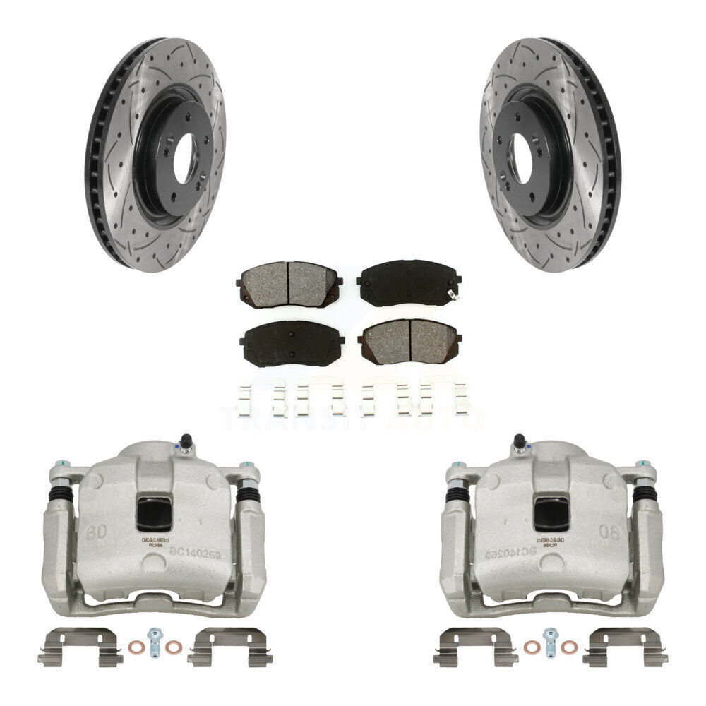 Front Brake Coated Caliper Drill Slotted Rotors Semi-Metallic Pad Kit For Hyundai Tucson KCD-100003S