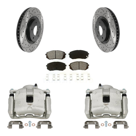 Front Brake Coated Caliper Drill Slotted Rotors Semi-Metallic Pad Kit For Hyundai Tucson KCD-100003S