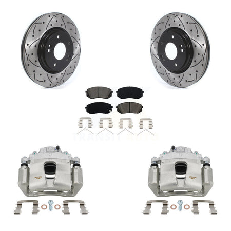 Front Brake Caliper Drilled Slot Rotor Semi-Metallic Pad Kit For Hyundai Sonata Kia Kona KCD-100009S