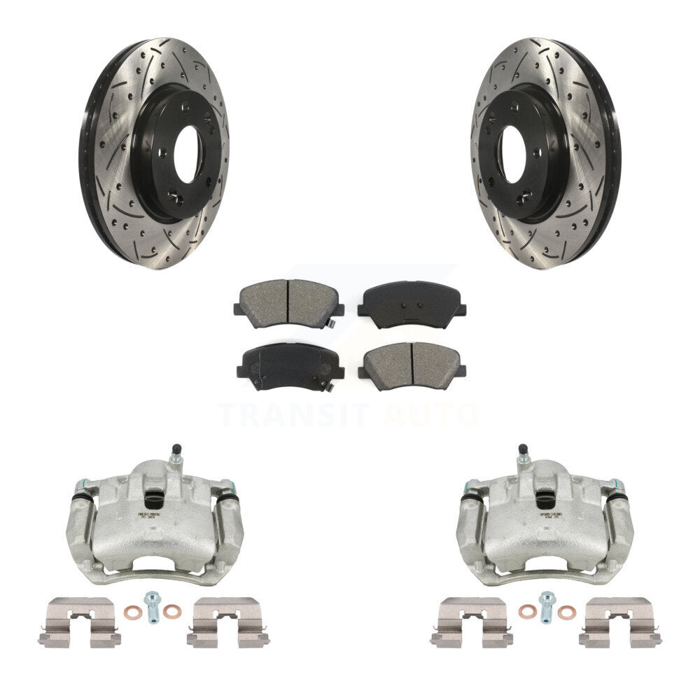 Front Brake Caliper Drill Slotted Rotor Semi-Metallic Pad Kit For Hyundai Elantra GT Kia KCD-100013S