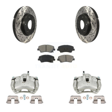 Front Brake Caliper Drill Slotted Rotor Semi-Metallic Pad Kit For Hyundai Elantra GT Kia KCD-100013S