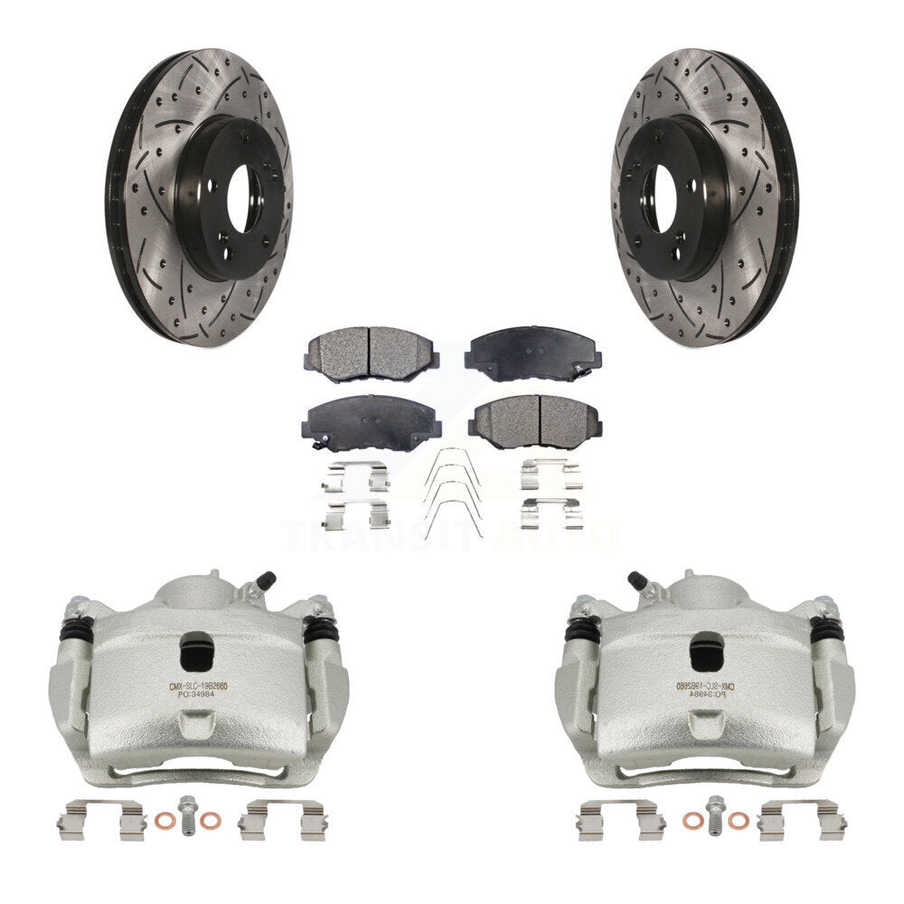 Front Brake Caliper Drill Slotted Rotor Semi-Metallic Pad Kit For Honda Civic Accord Fit KCD-100014P