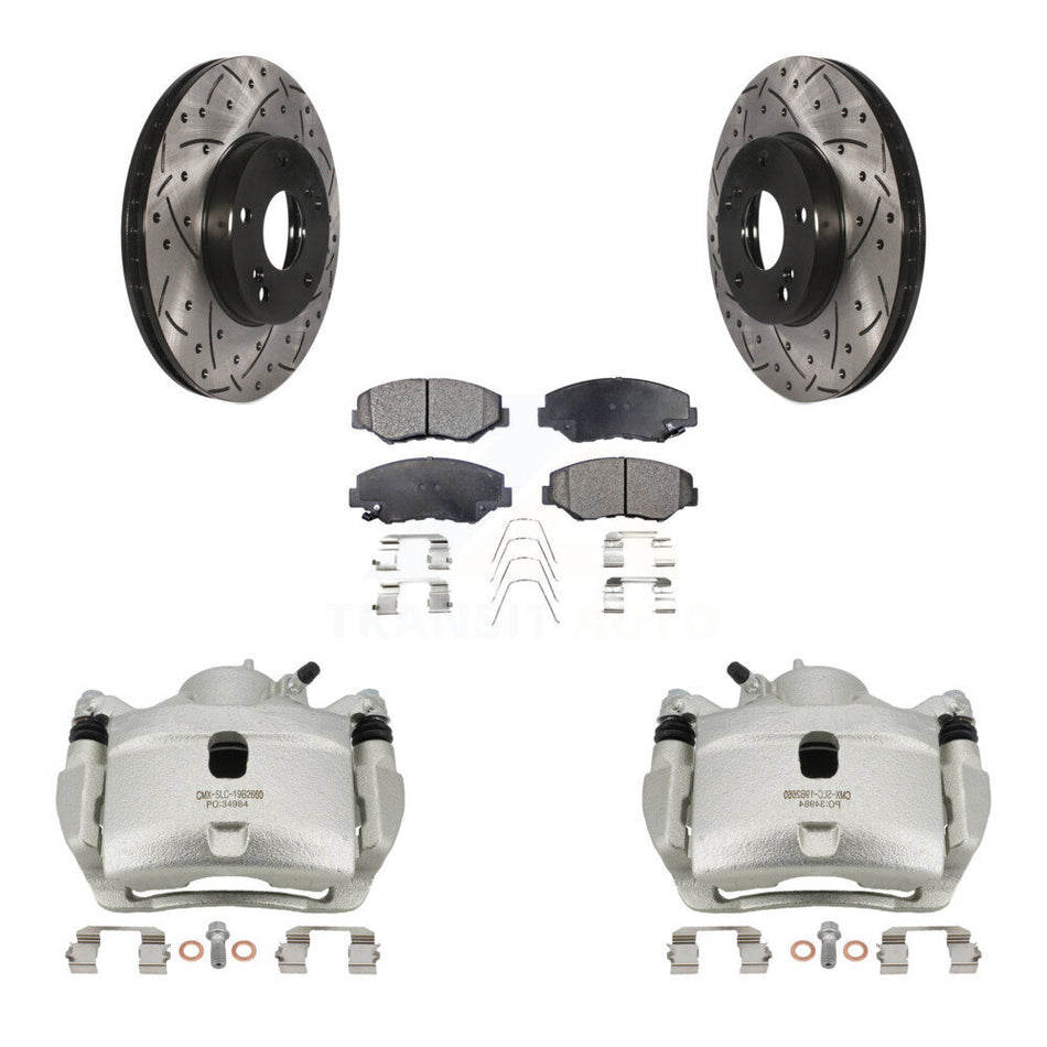 Front Brake Caliper Drill Slotted Rotor Ceramic Pad Kit For Honda Civic Accord Fit Acura KCD-100014T