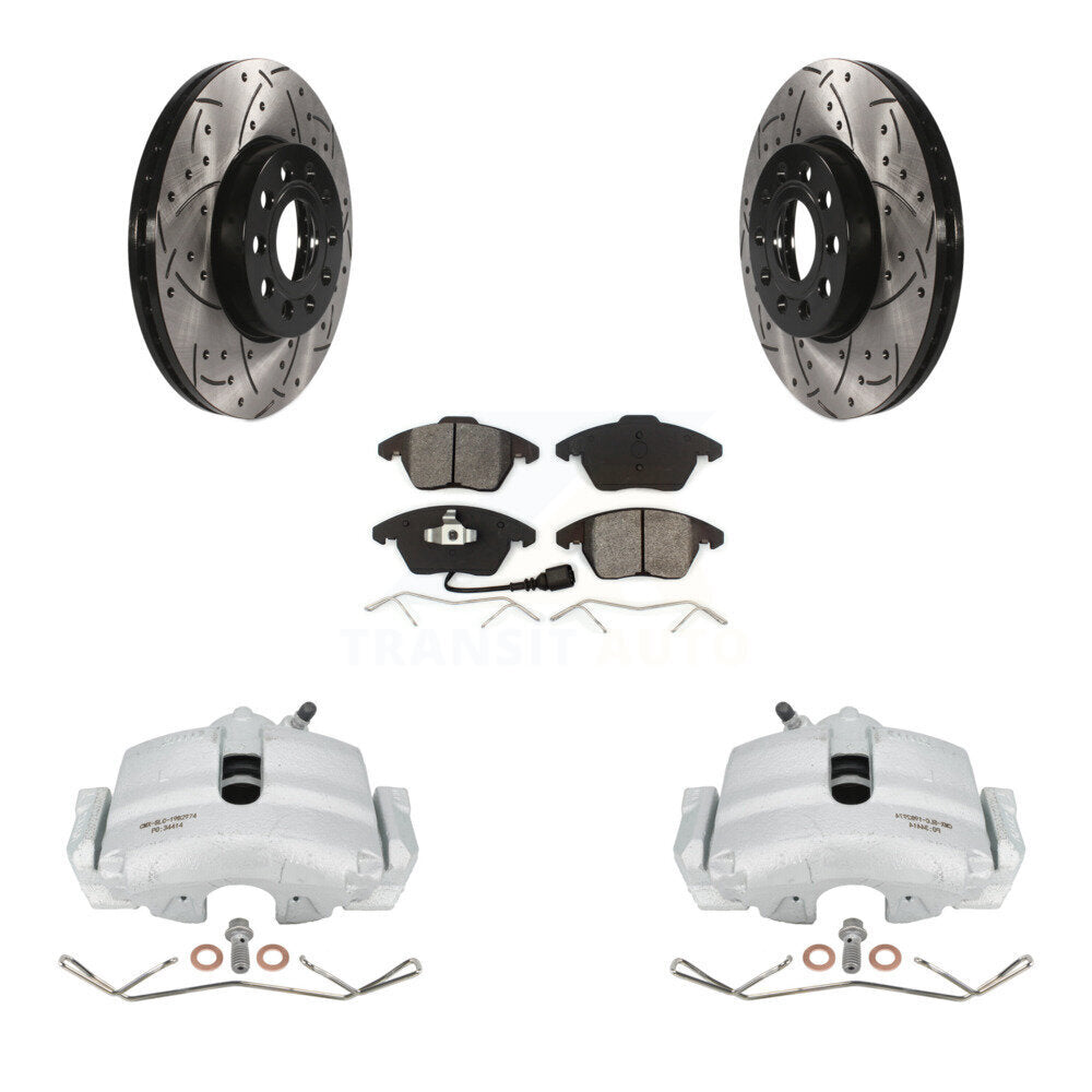 Front Disc Brake Coated Caliper Drilled Slotted Rotors And Semi-Metallic Pads Kit For Volkswagen Jetta Beetle Rabbit Golf Audi A3 KCD-100017S by Transit Auto