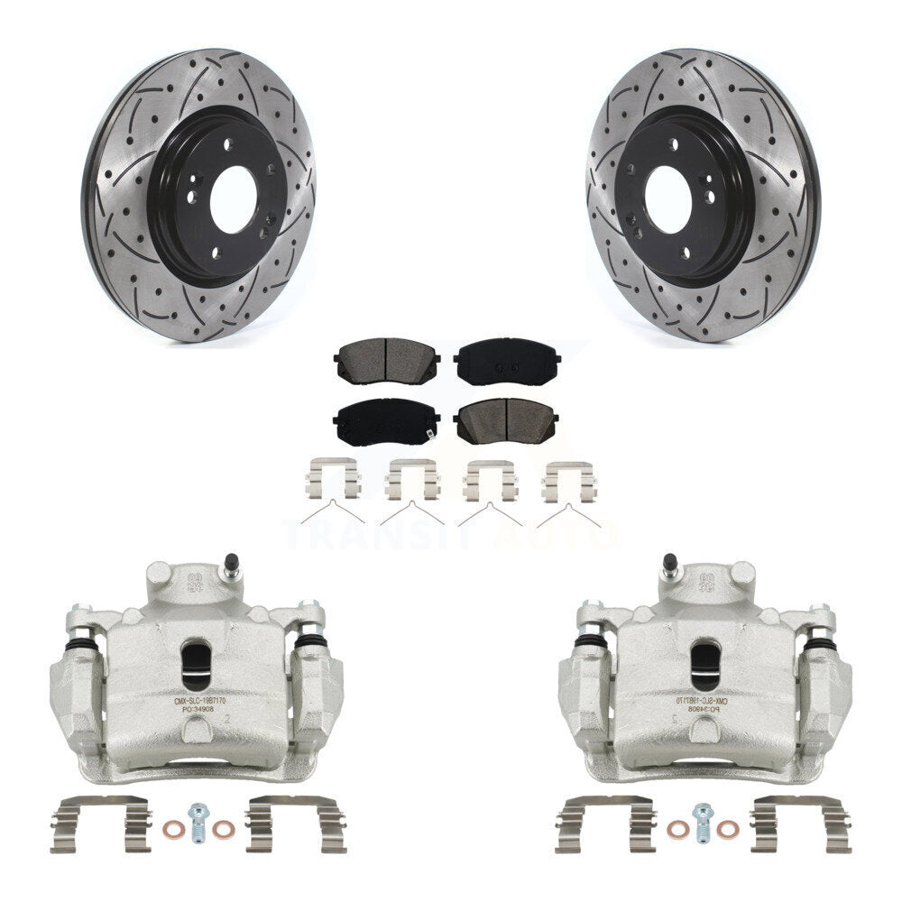 Front Brake Caliper Drill Slot Rotor Semi-Metallic Pad Kit For Hyundai Sonata Kia Optima KCD-100019S