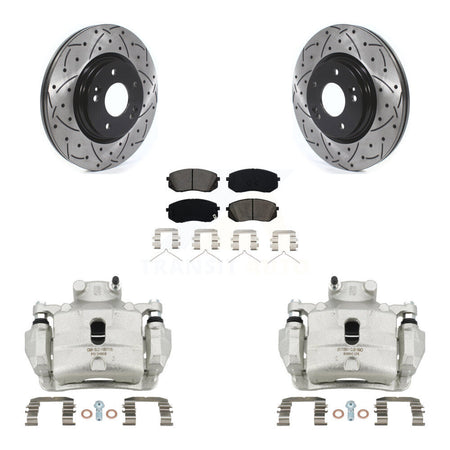 Front Brake Caliper Drill Slot Rotor Semi-Metallic Pad Kit For Hyundai Sonata Kia Optima KCD-100019S