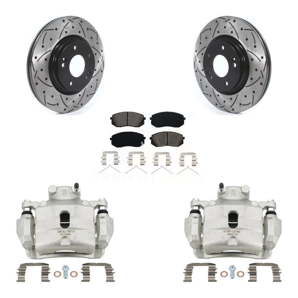 Front Brake Caliper Drill Slot Rotor Semi-Metallic Pad Kit For Hyundai Sonata Kia Optima KCD-100019S